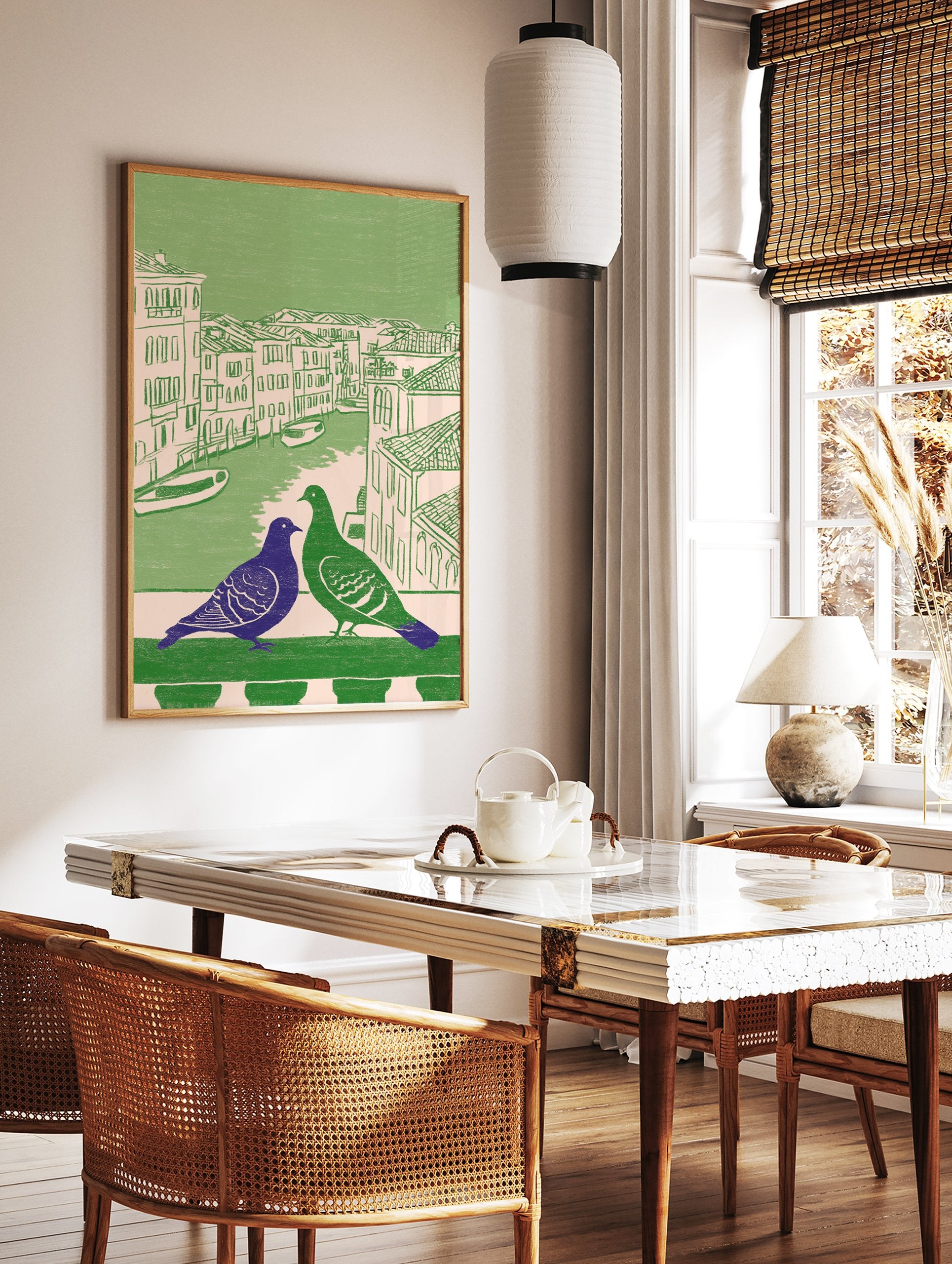 Illustrated Venice pigeon wall art with a purple and green pigeon on a balcony overlooking a canal and buildings. - Image 2