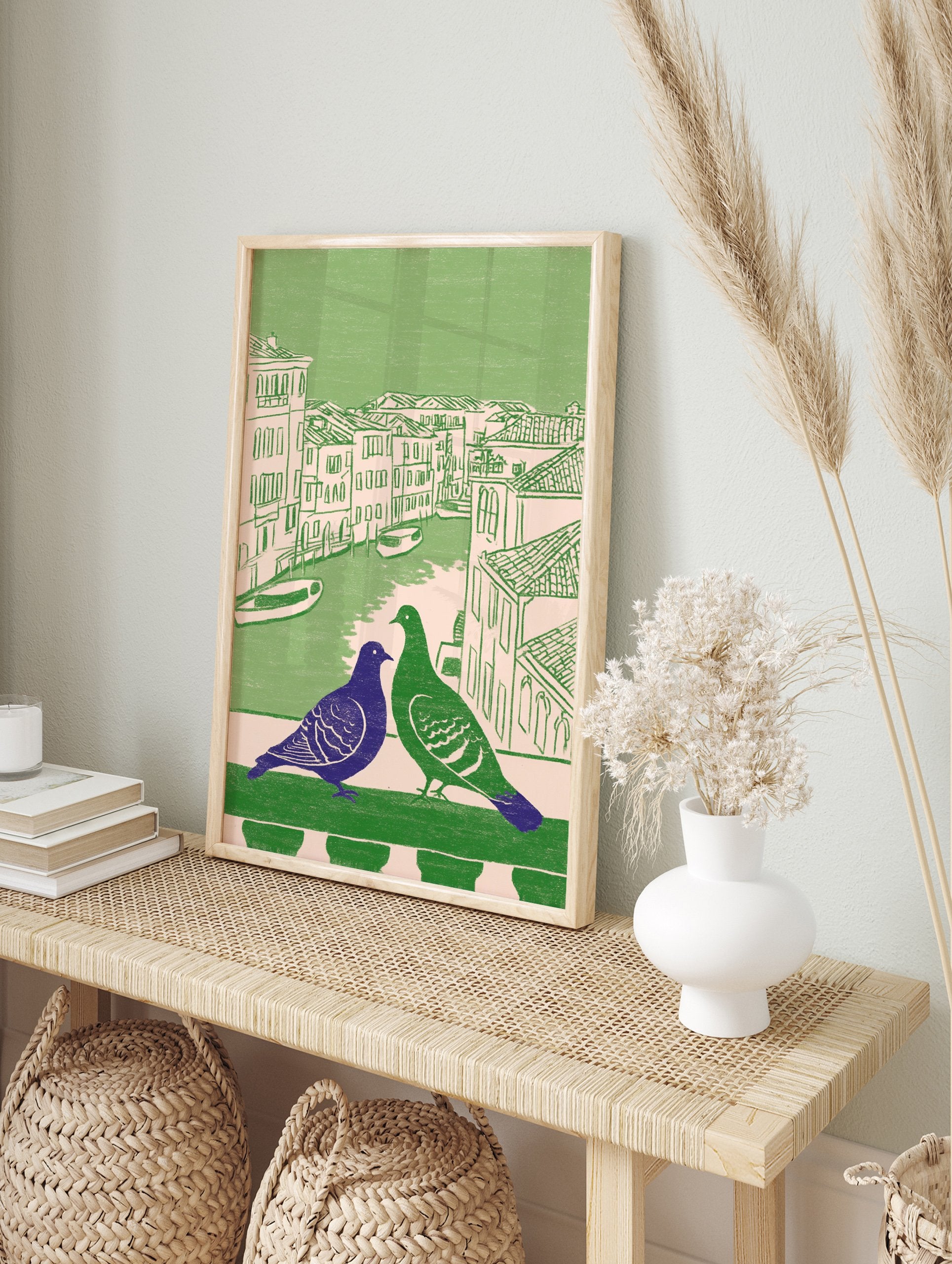 Illustrated Venice pigeon wall art with a purple and green pigeon on a balcony overlooking a canal and buildings. - Image 3