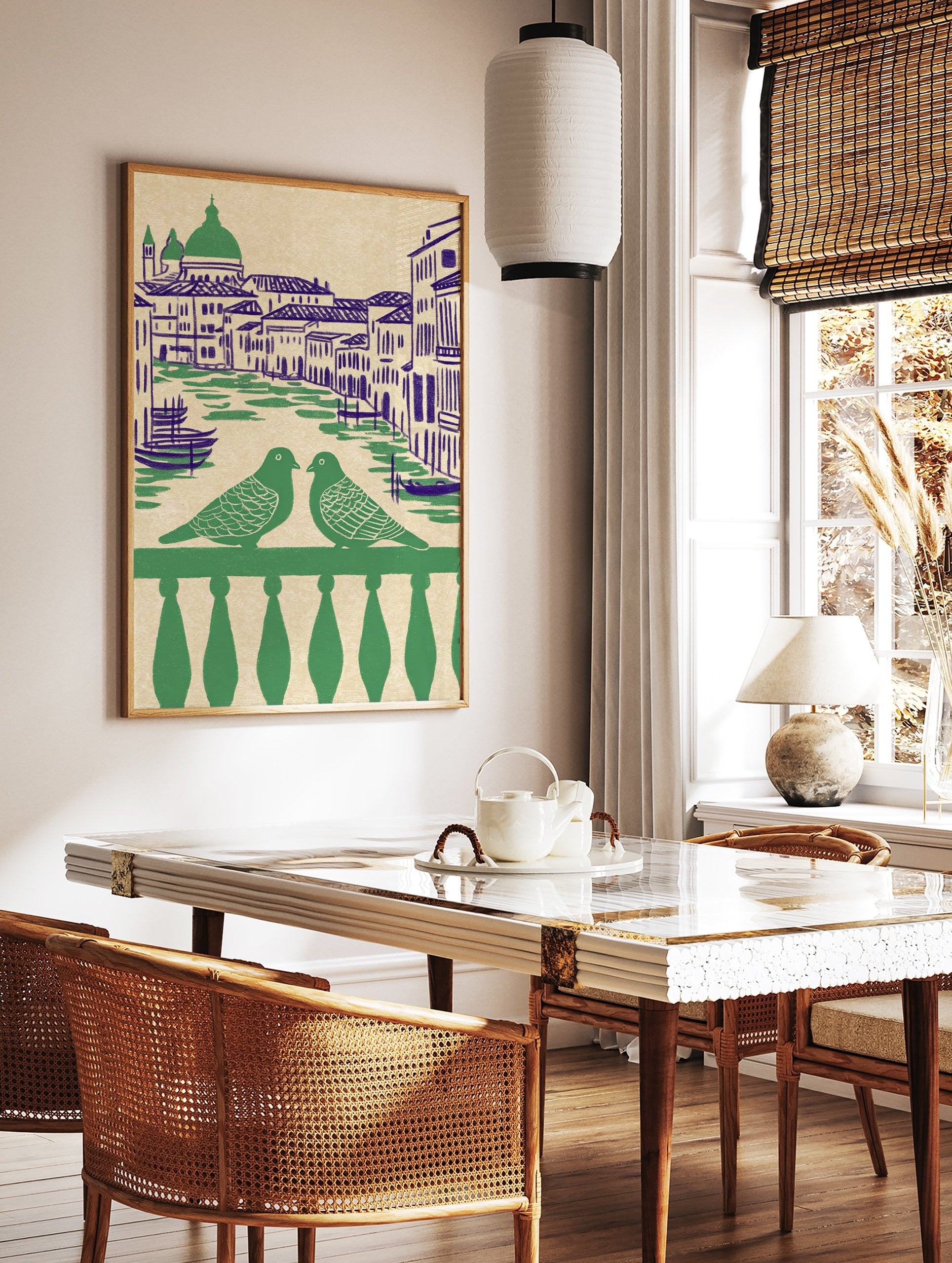 Illustrated Venice wall art showing two green pigeons on a balcony overlooking a canal with blue buildings and gondolas. - Image 2