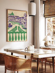 Illustrated Venice wall art showing two green pigeons on a balcony overlooking a canal with blue buildings and gondolas. - Image 2