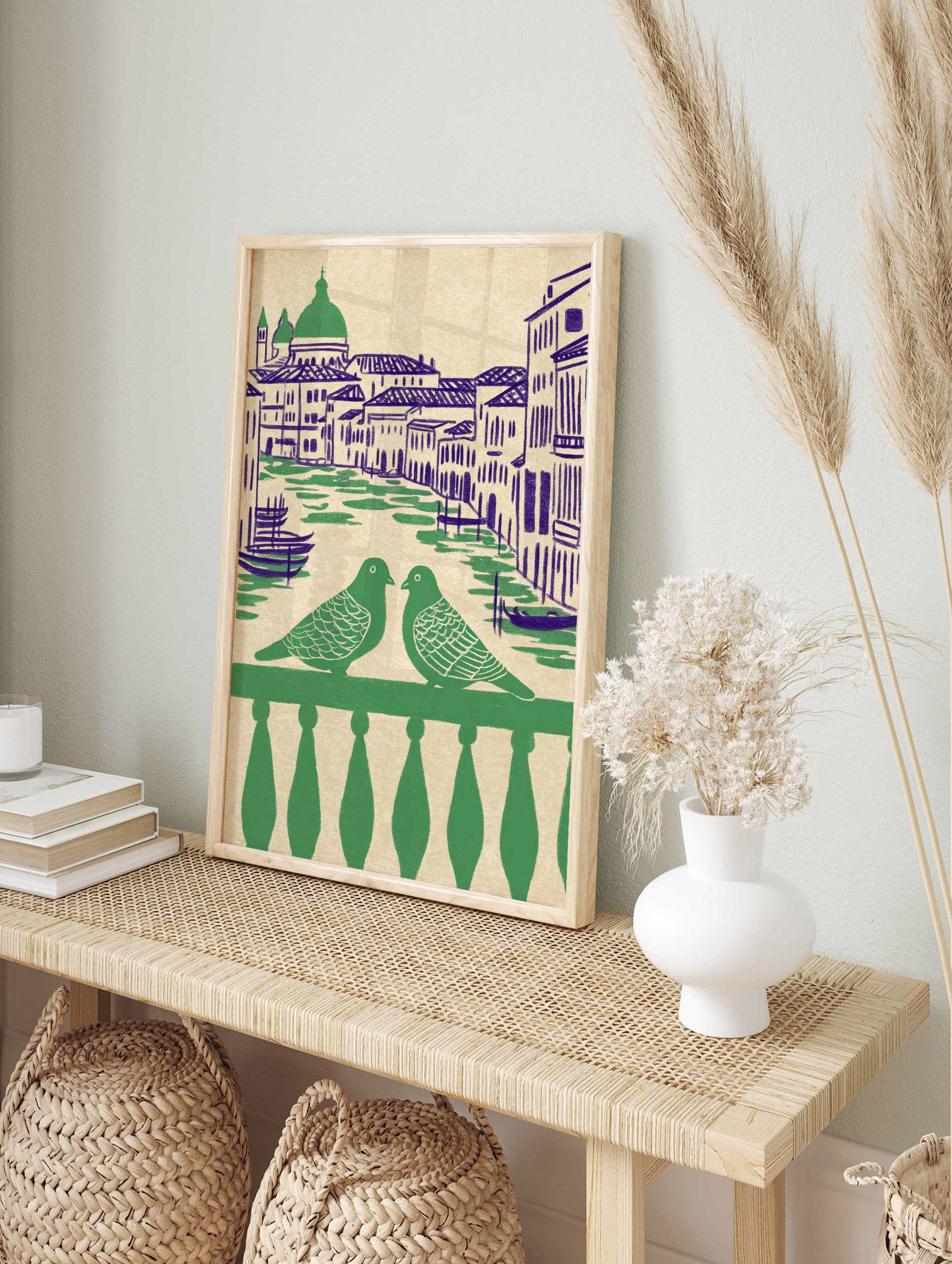 Illustrated Venice wall art showing two green pigeons on a balcony overlooking a canal with blue buildings and gondolas. - Image 3