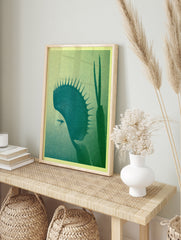 Graphic botanical illustration of a Venus flytrap plant with a fly, in green and yellow, in an alternate framed mockup