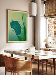 Graphic botanical illustration of a Venus flytrap plant with a fly, in green and yellow gradient on, in a styled room mockup