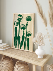 Stylised green Venus flytrap botanical illustration on cream background, minimalist graphic, in an alternate framed mockup