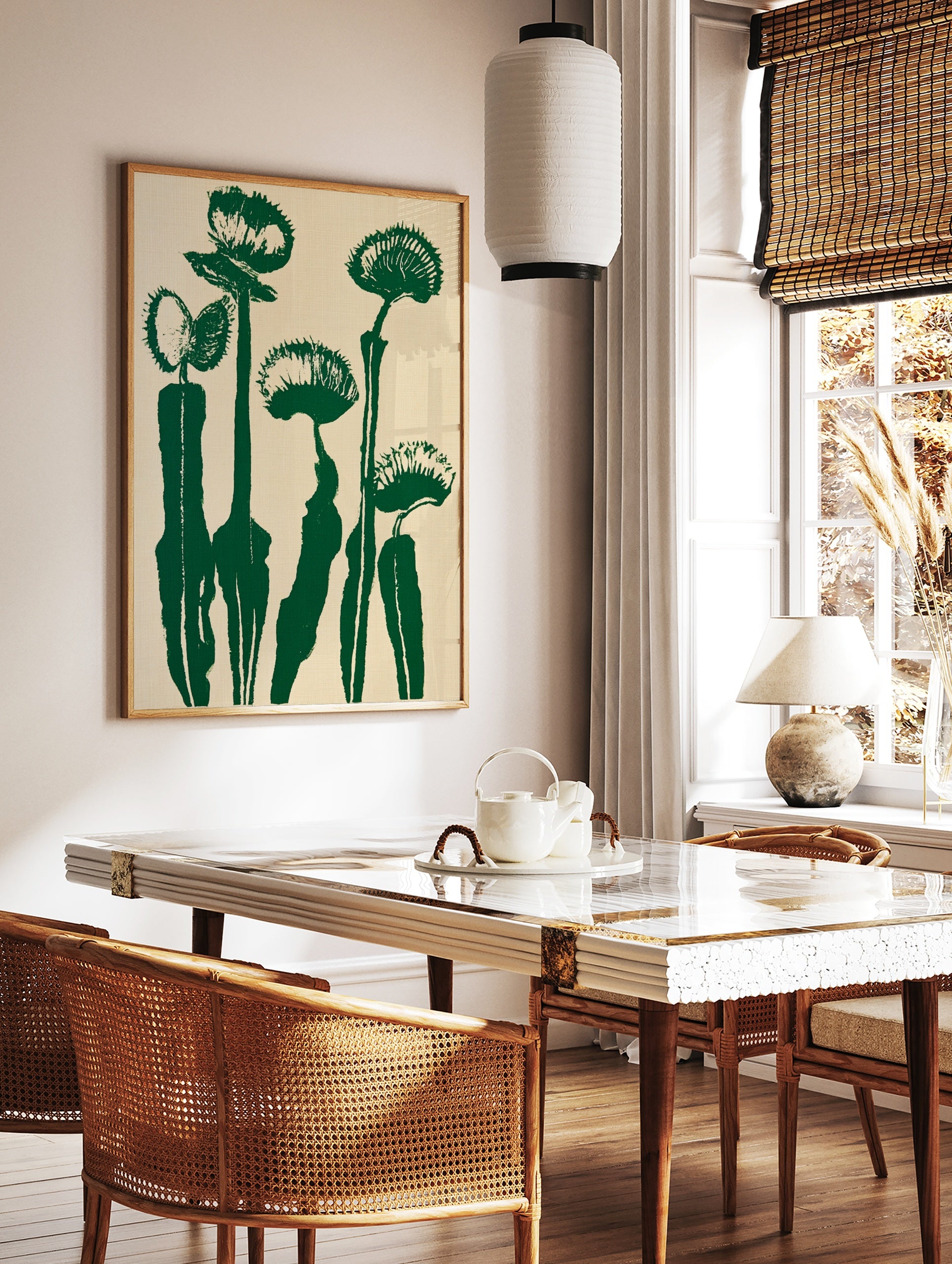 Stylised green Venus flytrap botanical illustration on cream background, minimalist graphic art, in a styled room mockup