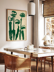 Stylised green Venus flytrap botanical illustration on cream background, minimalist graphic art, in a styled room mockup