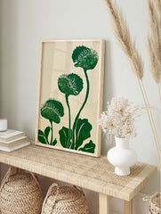 Green Venus Flytrap botanical illustration print on a light beige background, in an alternate framed mockup