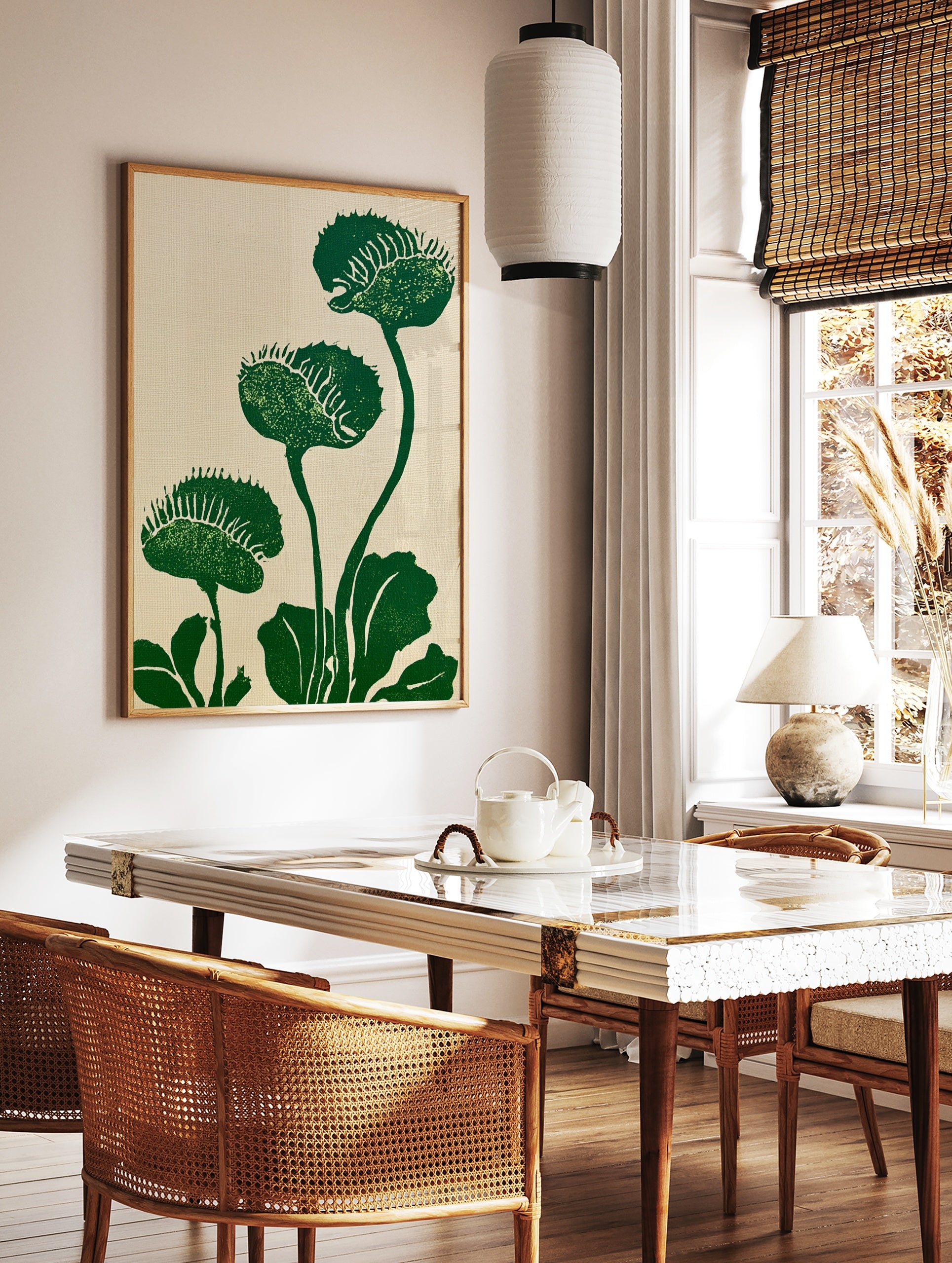 Green Venus Flytrap botanical illustration print on a light beige background, in a styled room mockup