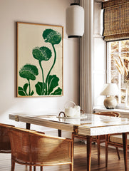 Green Venus Flytrap botanical illustration print on a light beige background, in a styled room mockup