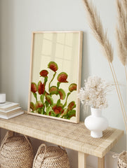 Botanical Venus flytrap plant wall art print with detailed red and green traps on a neutral, in an alternate framed mockup