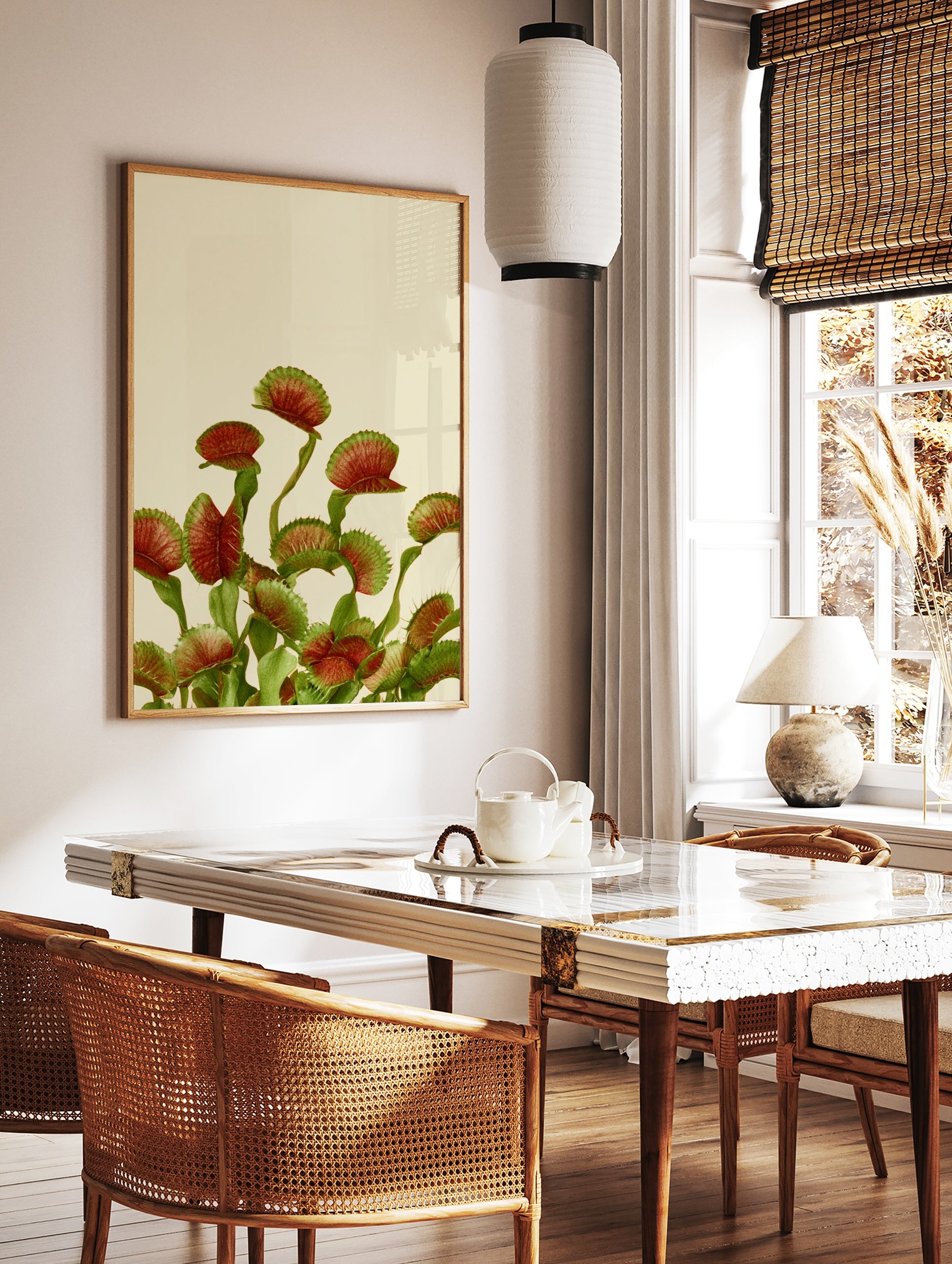 Botanical Venus flytrap plant wall art print with detailed red and green traps on a neutral cream, in a styled room mockup