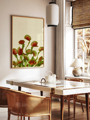 Botanical Venus flytrap plant wall art print with detailed red and green traps on a neutral cream, in a styled room mockup