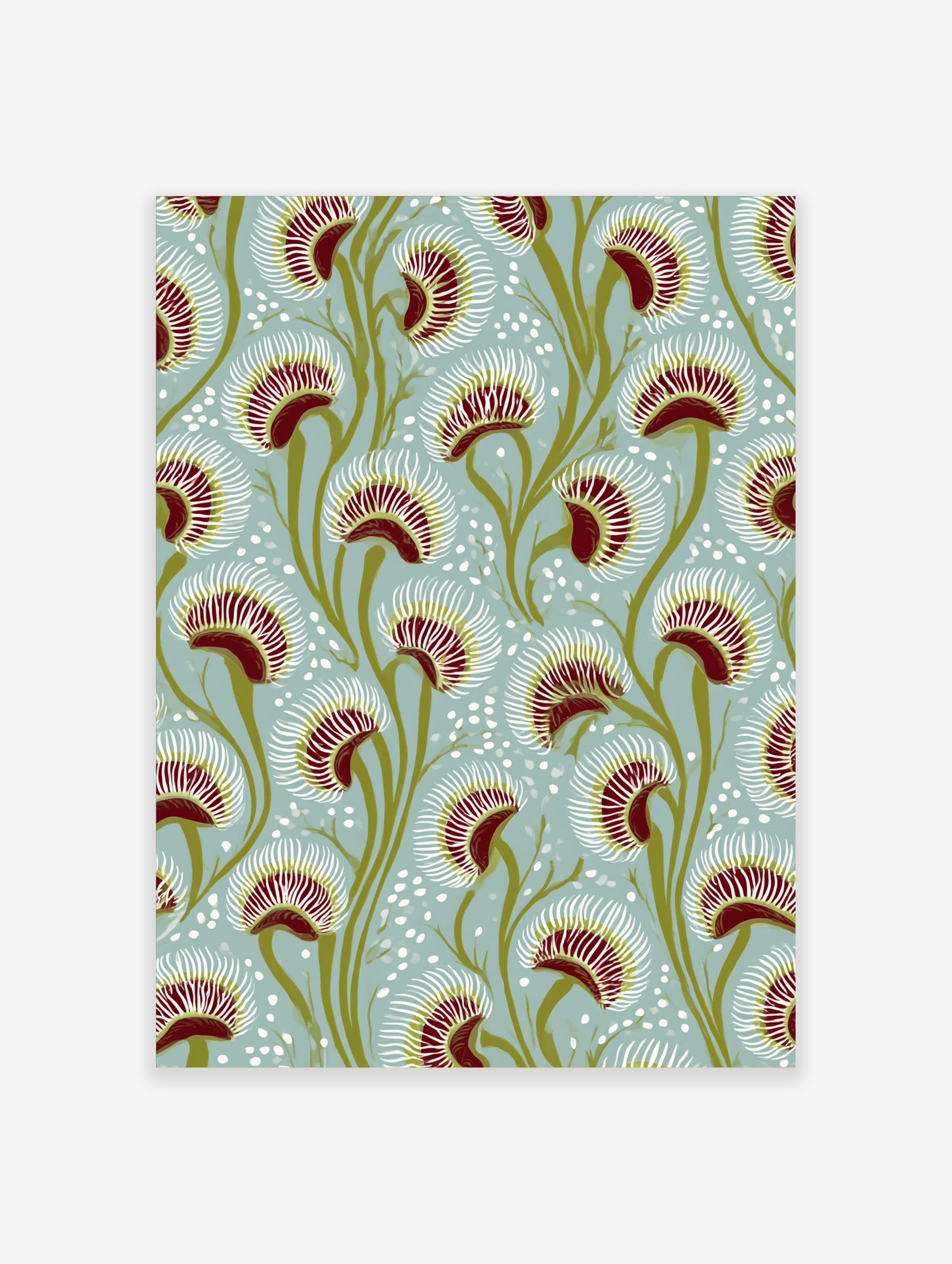Botanical illustration of Venus Flytrap plants with red traps and green stems on a pale blue background