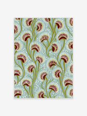 Botanical illustration of Venus Flytrap plants with red traps and green stems on a pale blue background