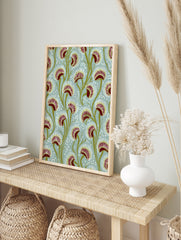 Botanical illustration of Venus Flytrap plants with red traps and green stems on a pale blue, in an alternate framed mockup