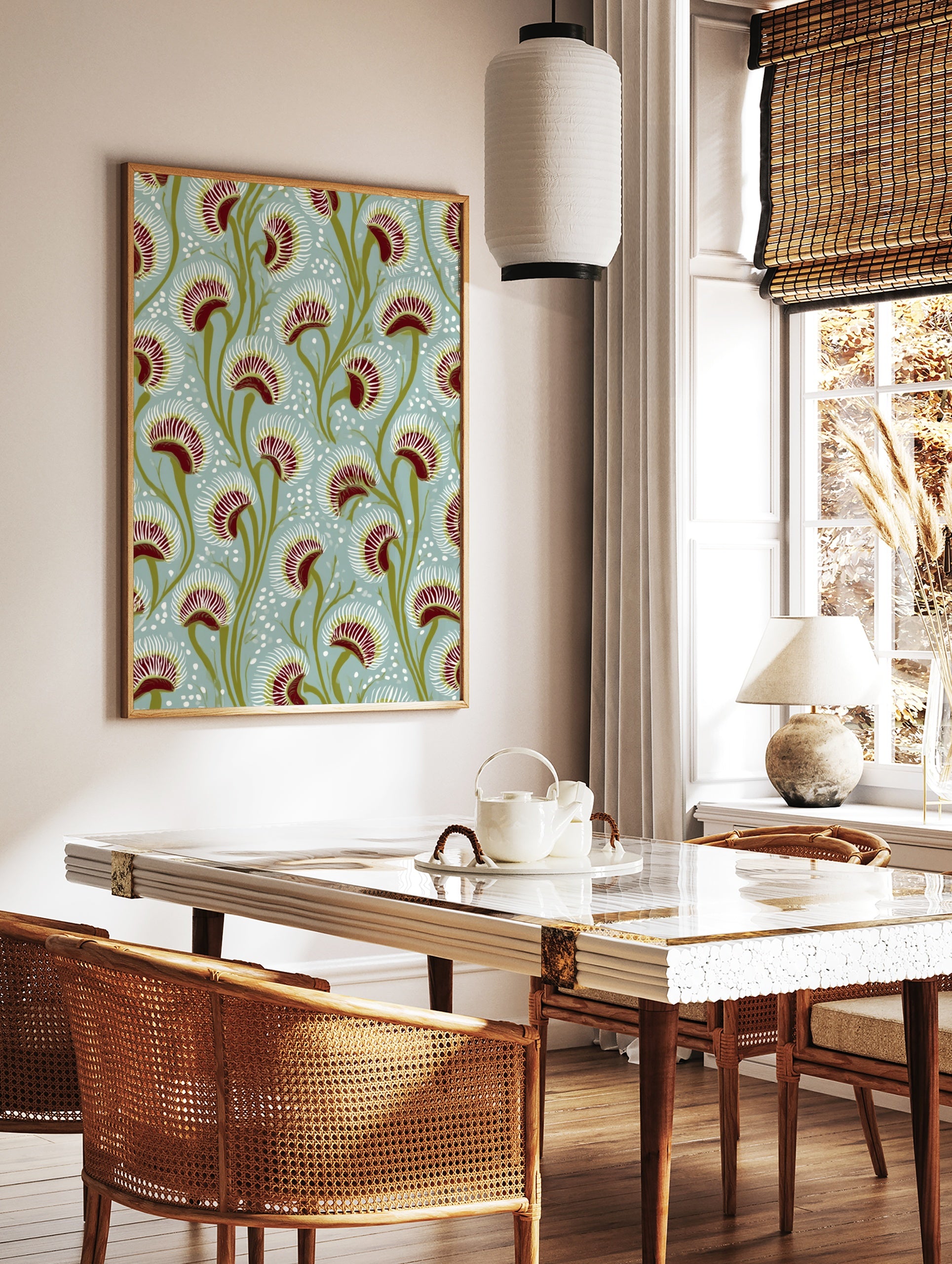 Botanical illustration of Venus Flytrap plants with red traps and green stems on a pale blue, in a styled room mockup