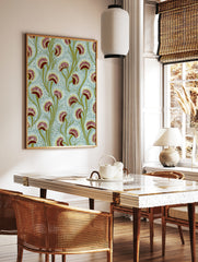 Botanical illustration of Venus Flytrap plants with red traps and green stems on a pale blue, in a styled room mockup