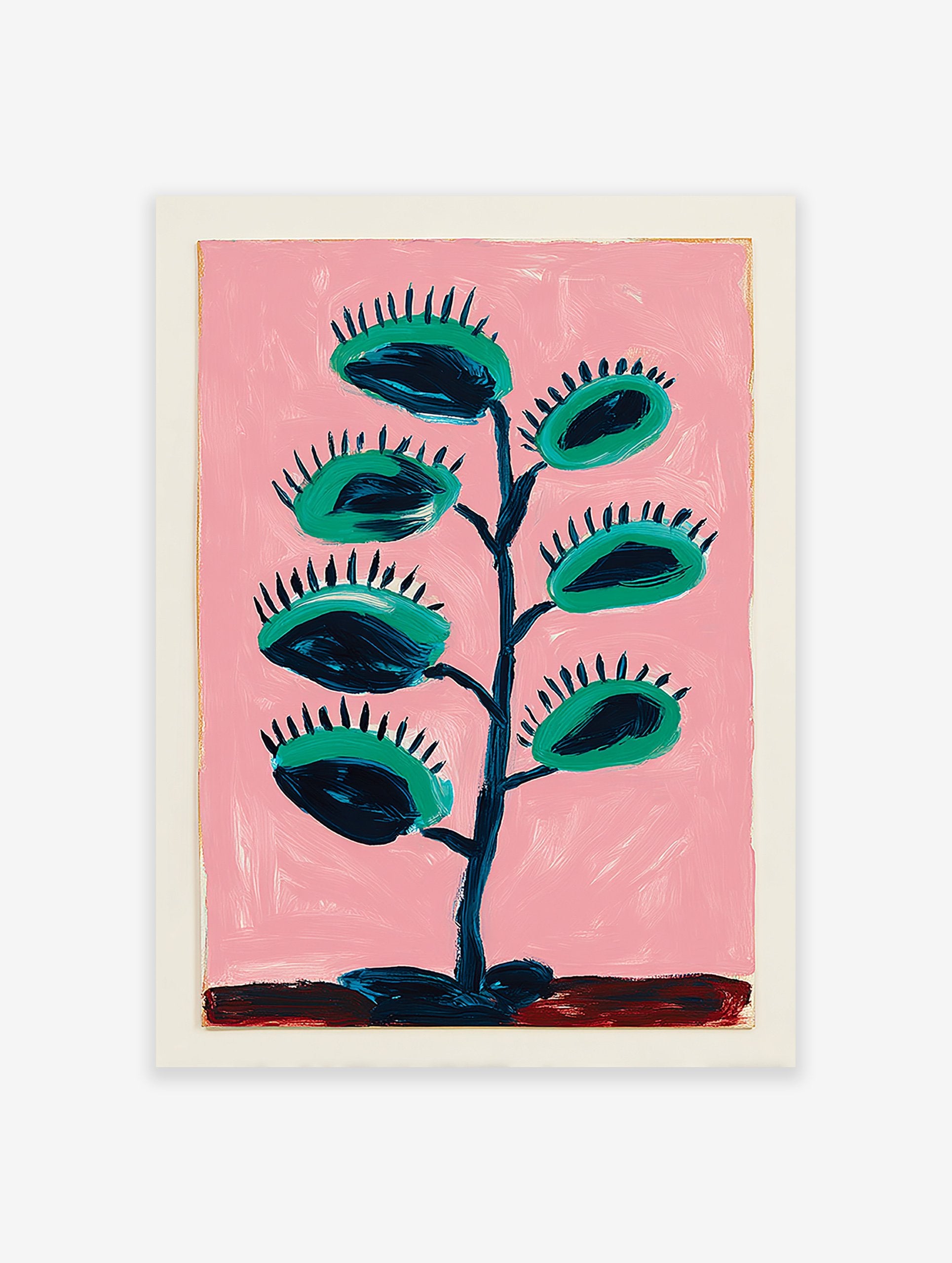 Vibrant Venus flytrap botanical wall art print with green traps and dark blue accents on a pink background.