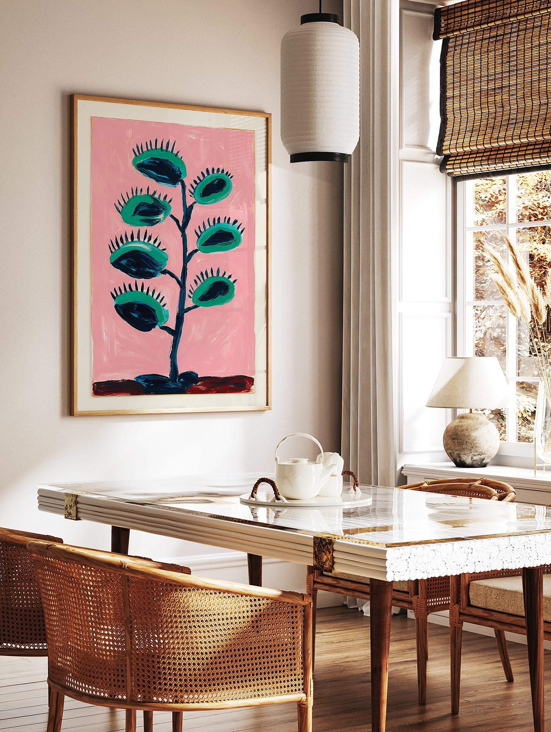 Vibrant Venus flytrap botanical wall art print with green traps and dark blue accents on a pink background. - Image 2
