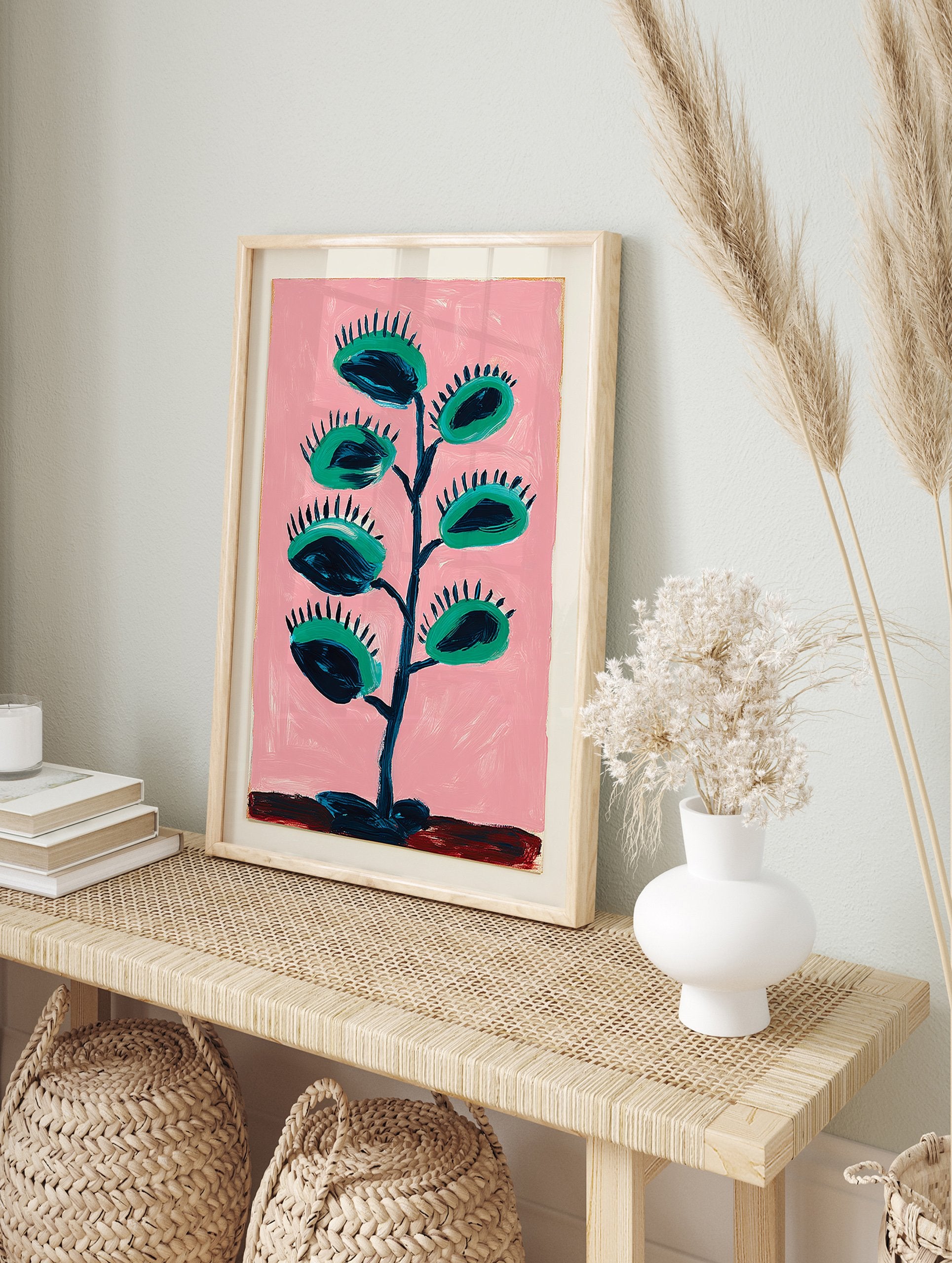 Vibrant Venus flytrap botanical wall art print with green traps and dark blue accents on a pink background. - Image 3
