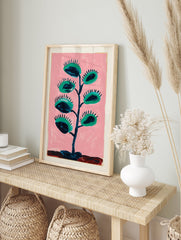 Vibrant Venus flytrap botanical wall art print with green traps and dark blue accents on a pink background. - Image 3