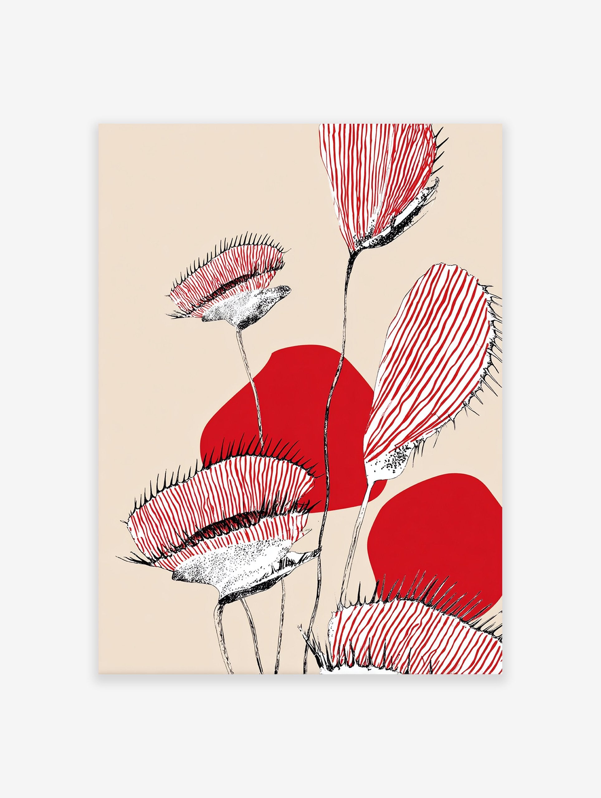 Modern Venus Flytrap botanical illustration wall art with red stripes and black details on a beige background.