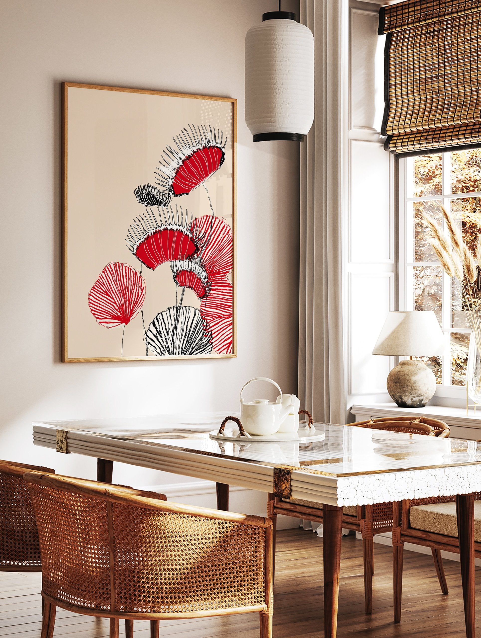 Modern Venus Flytrap wall art illustration with red, black, and white stylized carnivorous plants on a beige background. - Image 2