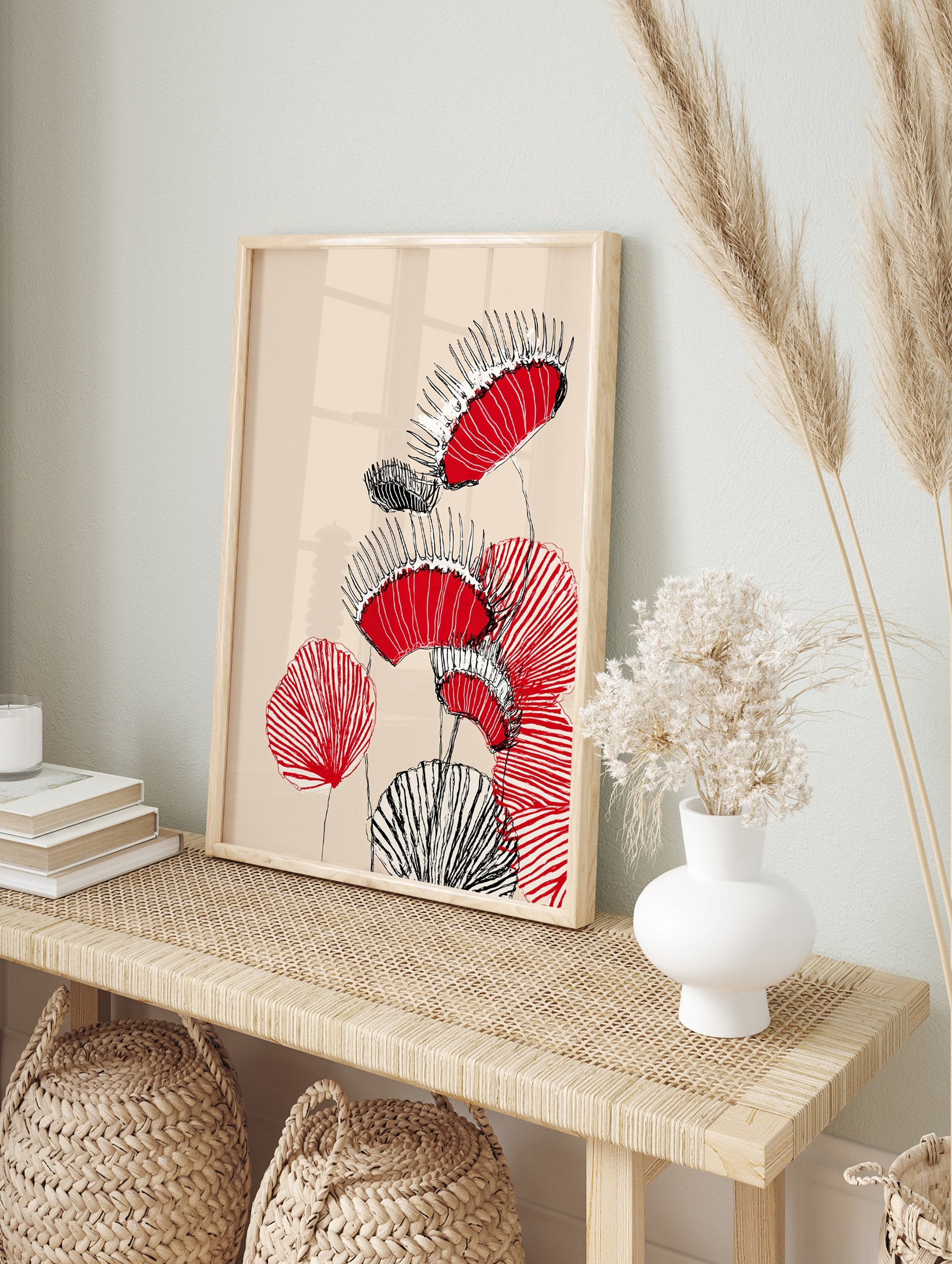Modern Venus Flytrap wall art illustration with red, black, and white stylized carnivorous plants on a beige background. - Image 3