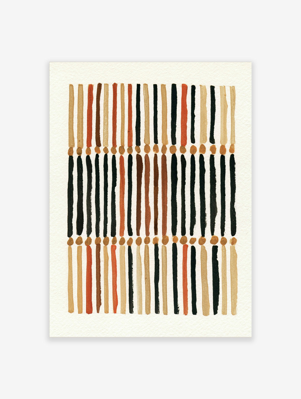 Vertical striped abstract art print with black, tan, and rust lines on cream background