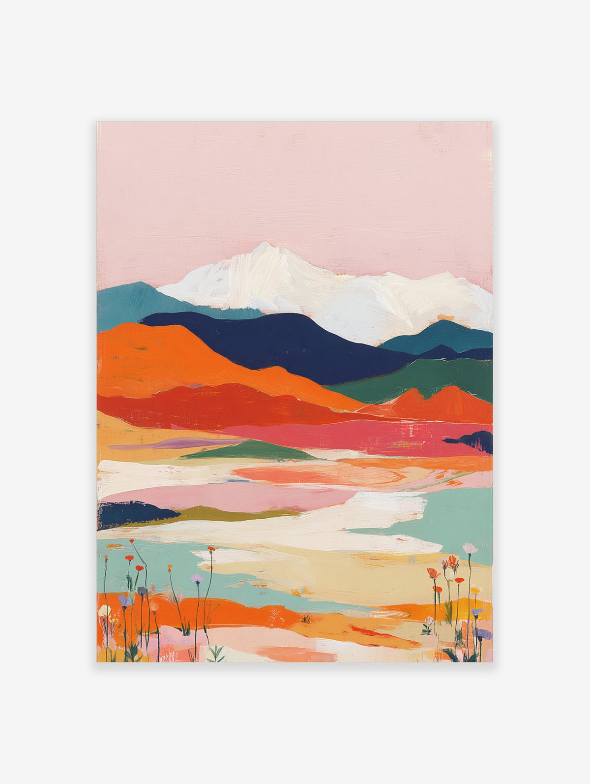 Abstract mountain landscape art print with pink sky, orange hills, blue mountains, and white peaks