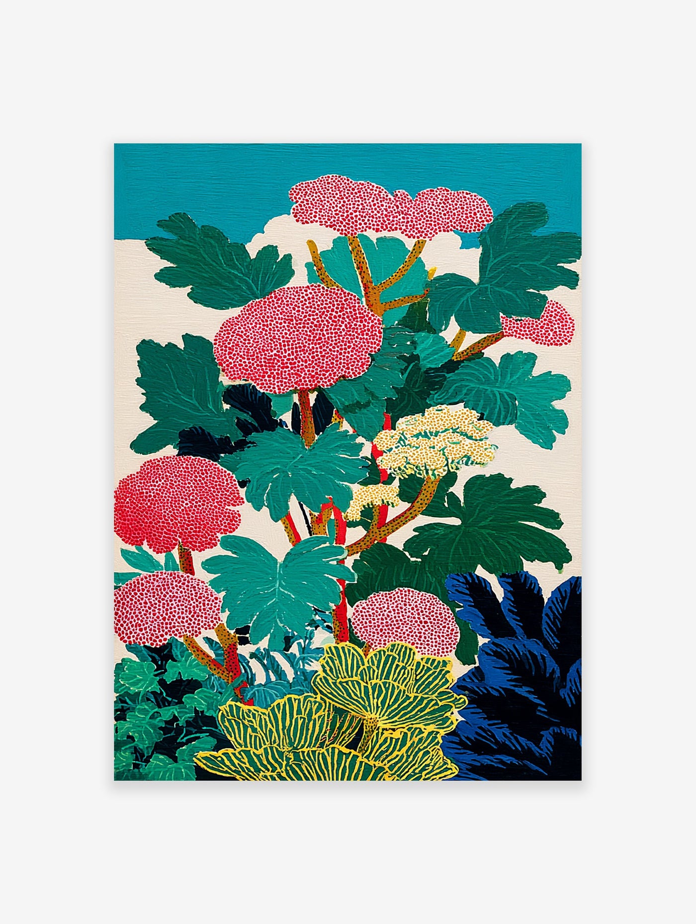 Vibrant botanical wall art painting with red dotted flowers, green leaves, yellow stems, and a teal sky background.
