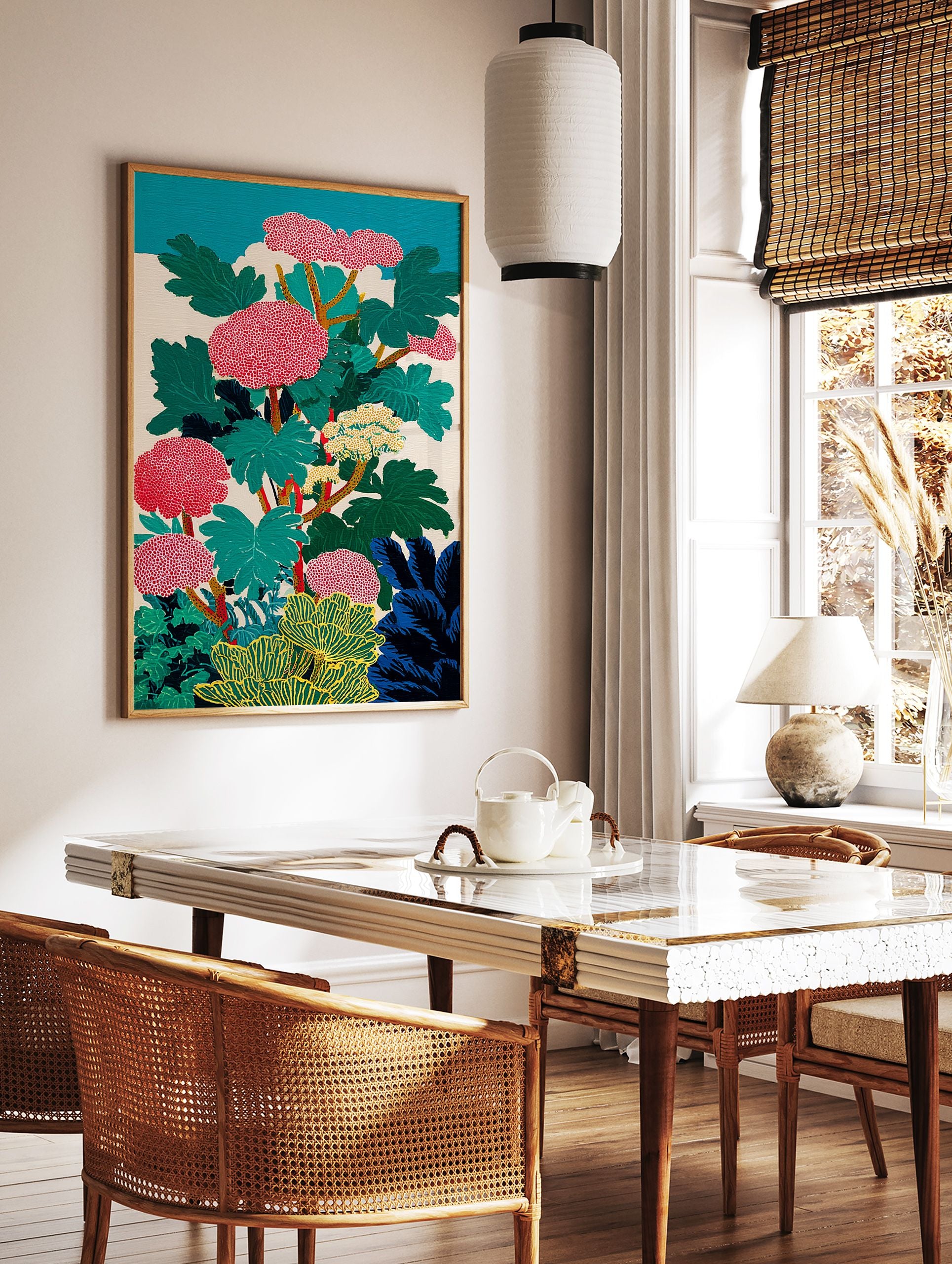 Vibrant botanical wall art painting with red dotted flowers, green leaves, yellow stems, and a teal sky background. - Image 2