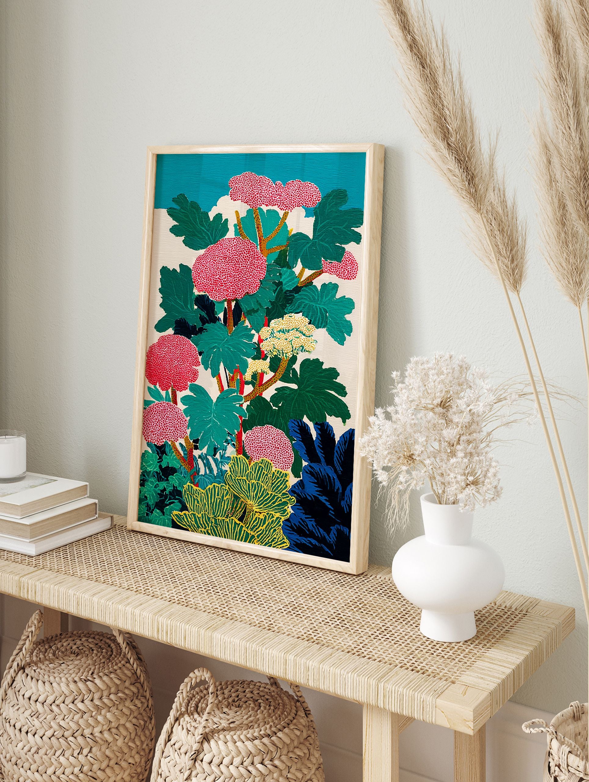 Vibrant botanical wall art painting with red dotted flowers, green leaves, yellow stems, and a teal sky background. - Image 3