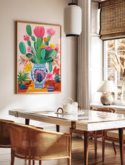 Vibrant cactus poster featuring a colorful arrangement of blooming cacti and flowers in a decorative blue and white vase. - Image 2