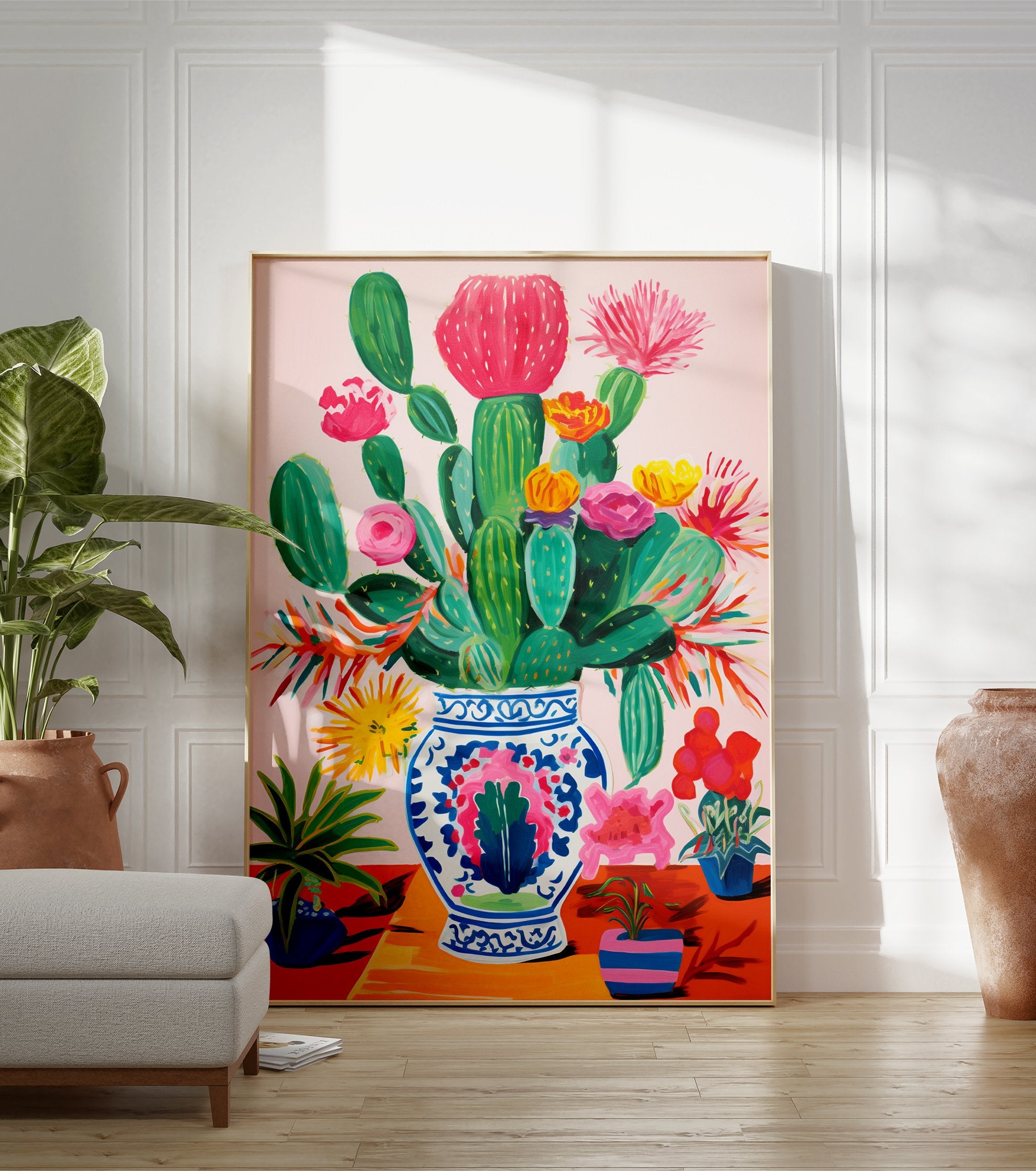 Vibrant cactus poster featuring a colorful arrangement of blooming cacti and flowers in a decorative blue and white vase. - Image 3