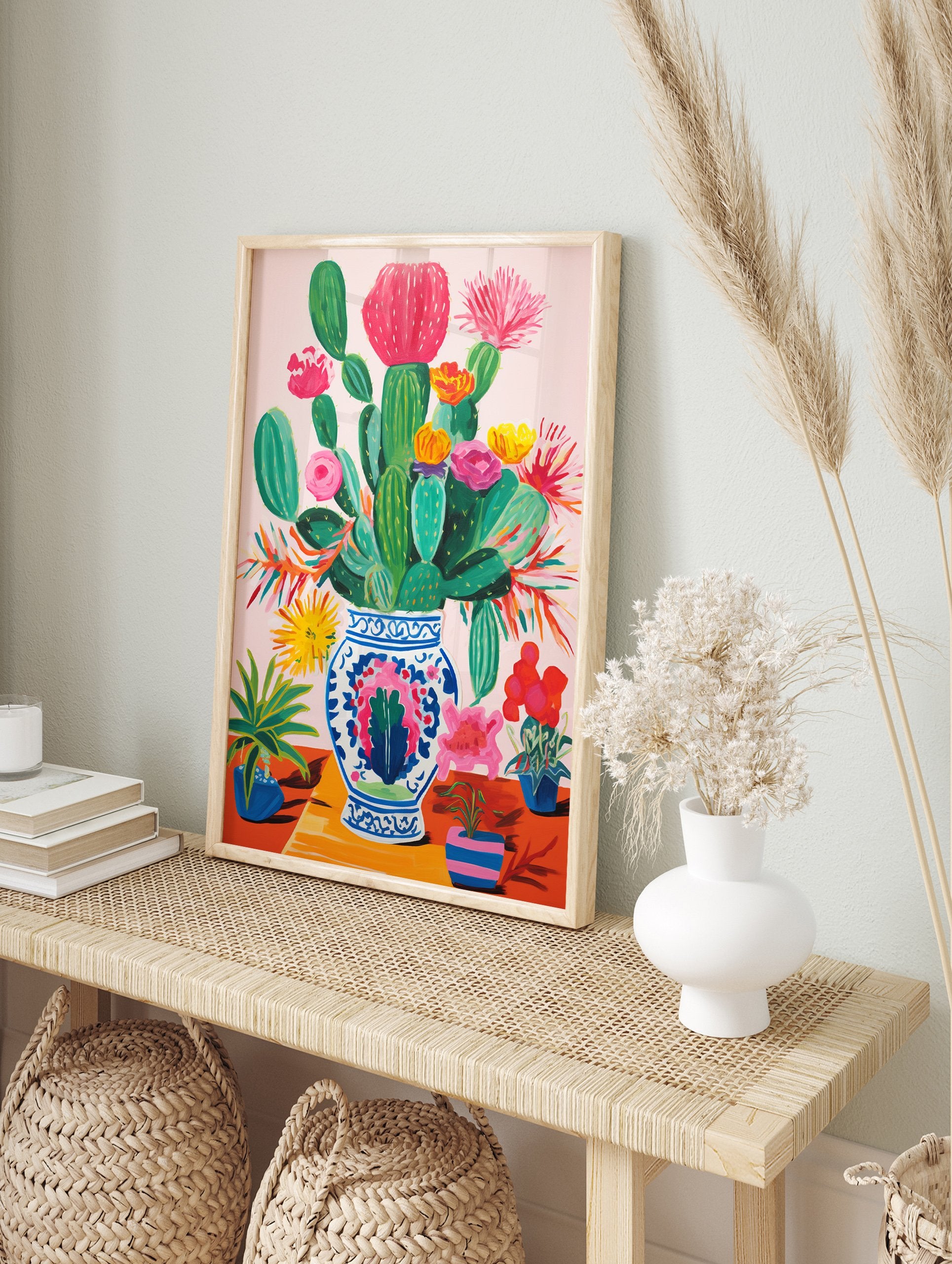 Vibrant cactus poster featuring a colorful arrangement of blooming cacti and flowers in a decorative blue and white vase. - Image 4