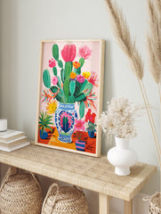 Vibrant cactus poster featuring a colorful arrangement of blooming cacti and flowers in a decorative blue and white vase. - Image 4