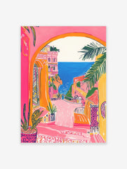 Vibrant illustrative print of a coastal town through an archway, featuring pink buildings, palm fronds, and blue sea
