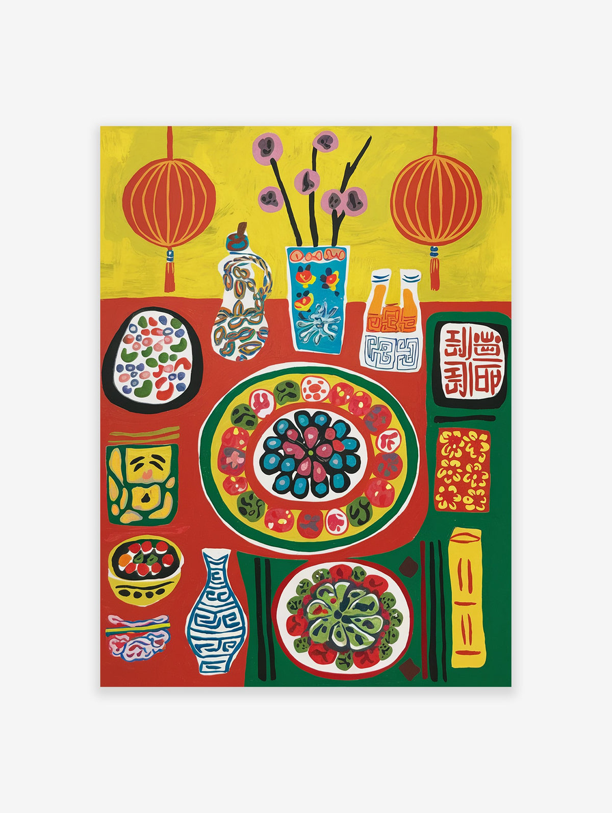 Vibrant cultural dining poster featuring a table with food, bottles, flowers, and red lanterns in a folk art style.