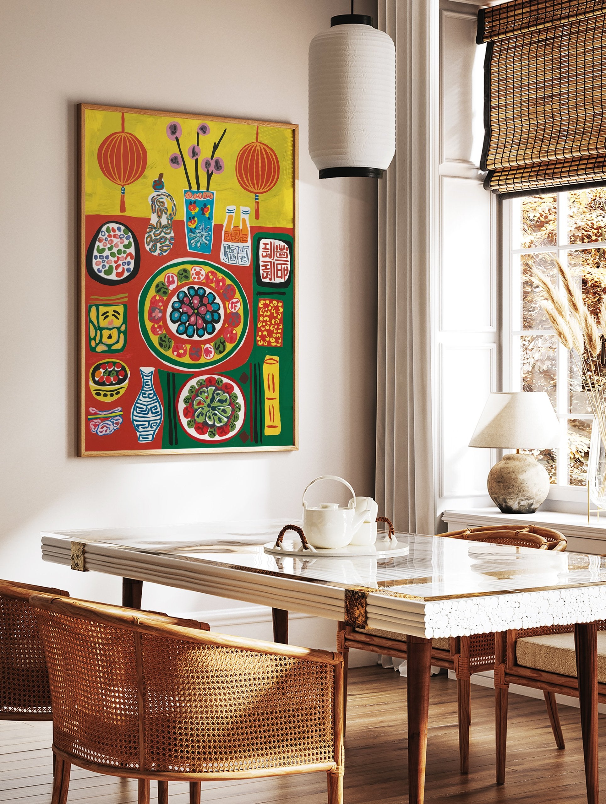 Vibrant cultural dining poster featuring a table with food, bottles, flowers, and red lanterns in a folk art style. - Image 2