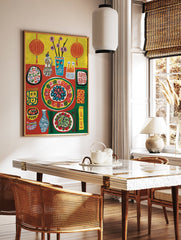 Vibrant cultural dining poster featuring a table with food, bottles, flowers, and red lanterns in a folk art style. - Image 2