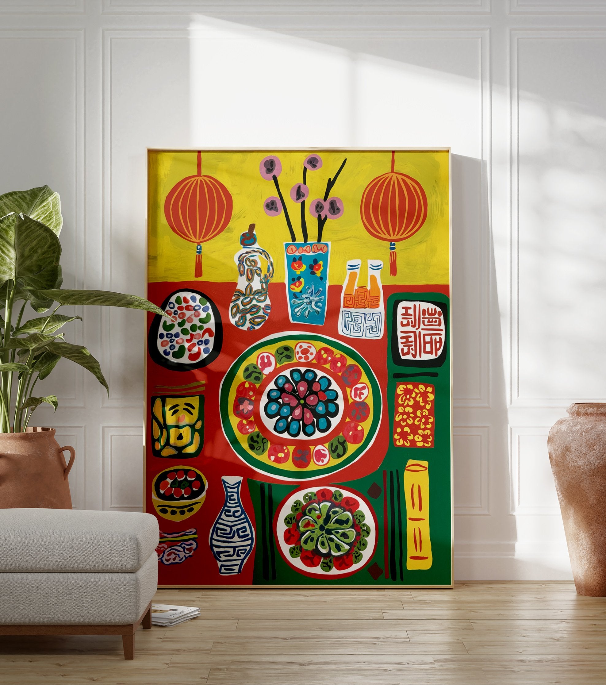 Vibrant cultural dining poster featuring a table with food, bottles, flowers, and red lanterns in a folk art style. - Image 3