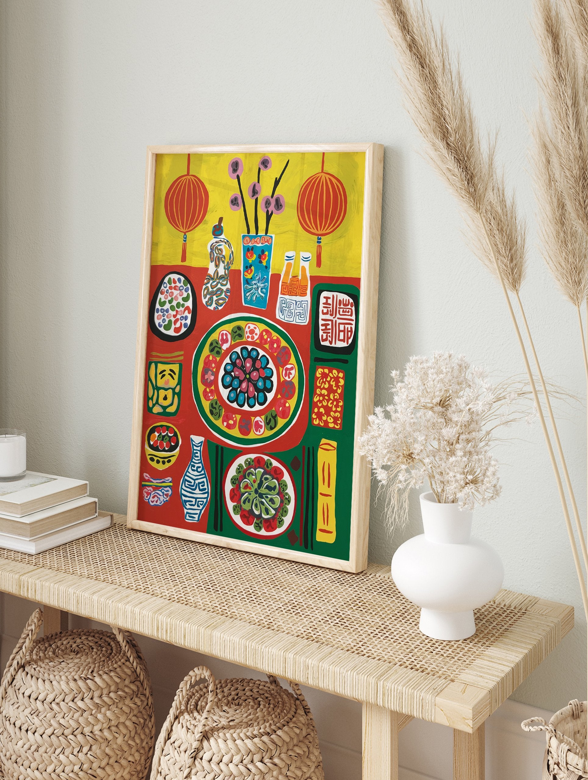Vibrant cultural dining poster featuring a table with food, bottles, flowers, and red lanterns in a folk art style. - Image 4