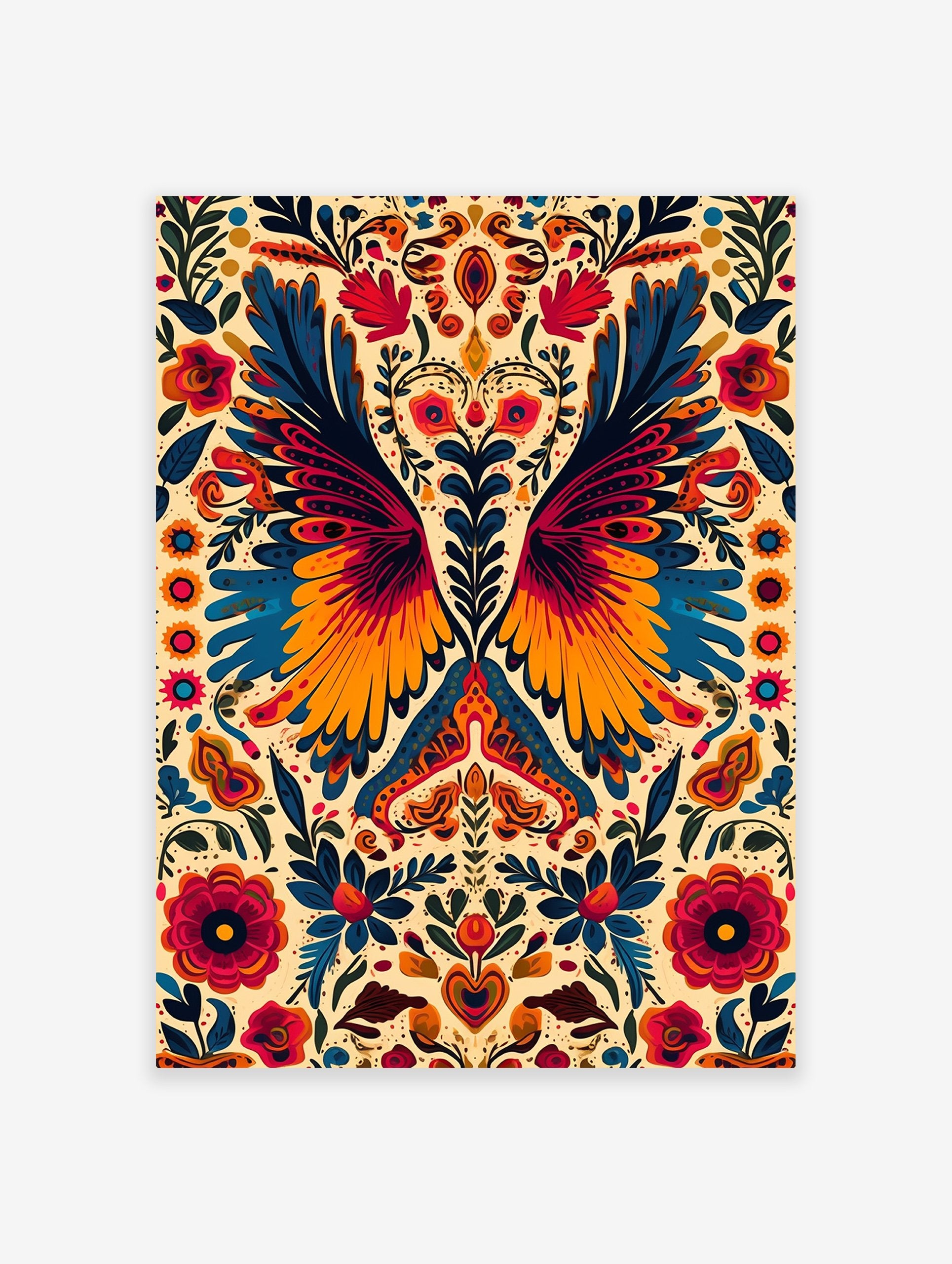 Vibrant Folk Art Poster with symmetrical design featuring stylized bird wings, flowers, and heart shapes in blue, orange, and red.