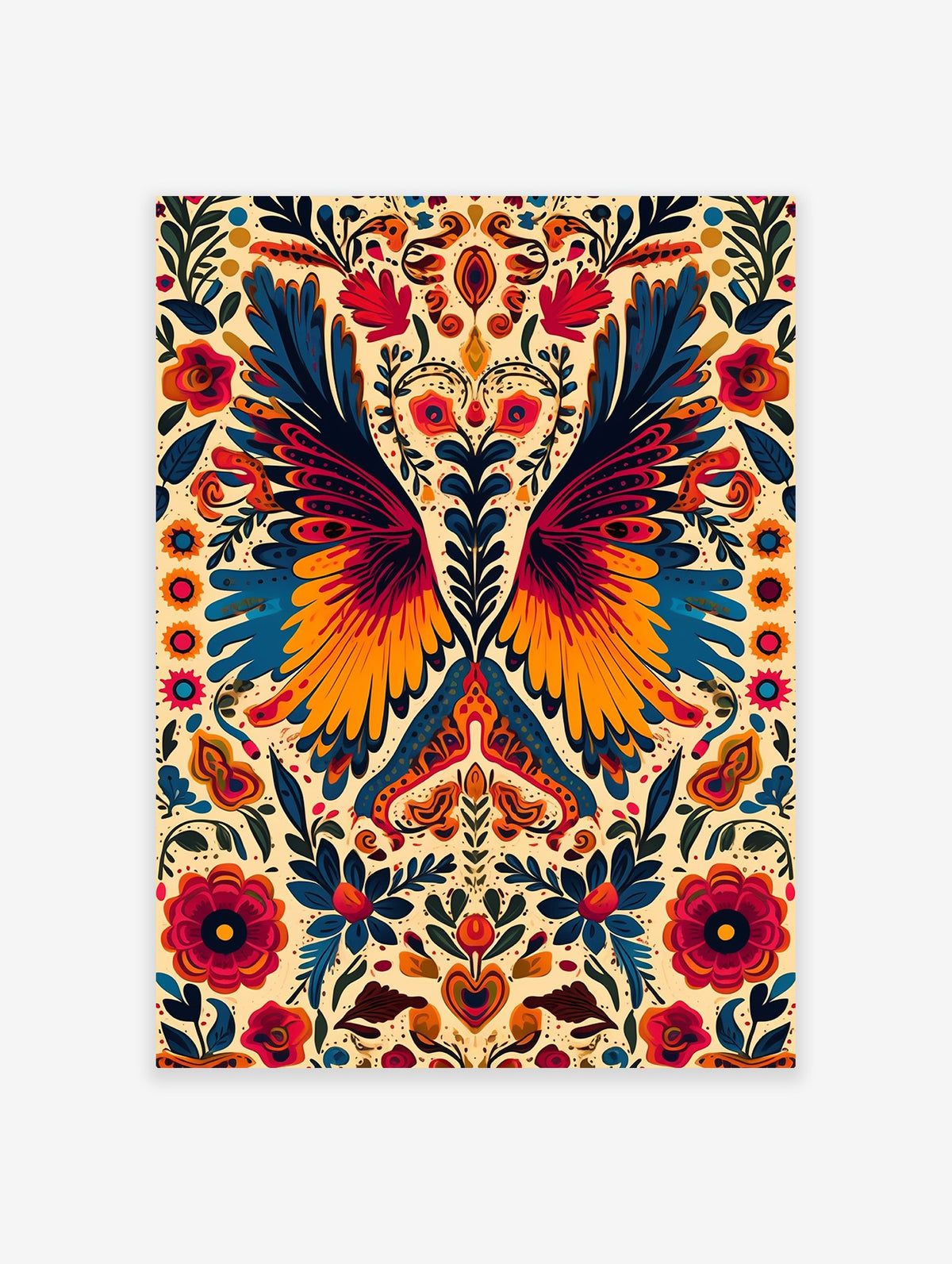Vibrant Folk Art Poster with symmetrical design featuring stylized bird wings, flowers, and heart shapes in blue, orange, and red.