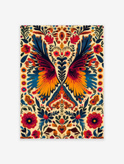 Vibrant Folk Art Poster with symmetrical design featuring stylized bird wings, flowers, and heart shapes in blue, orange, and red.