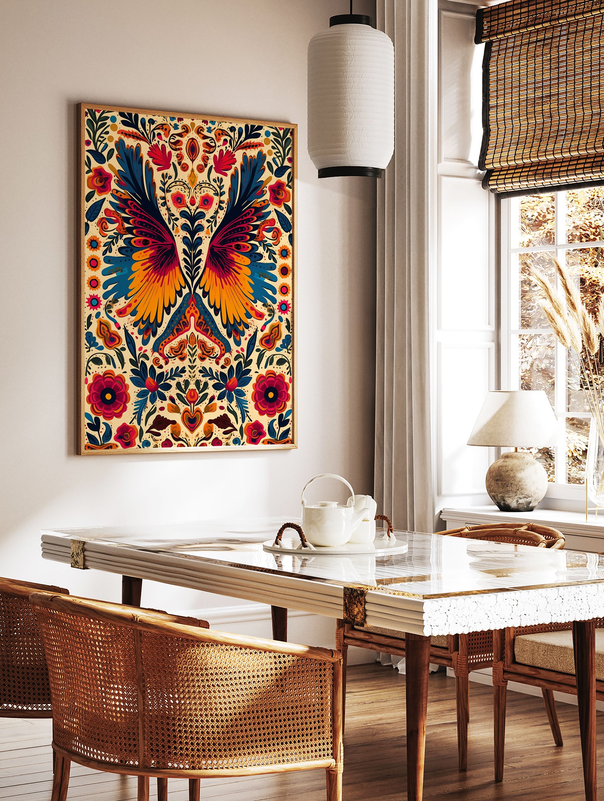 Vibrant Folk Art Poster with symmetrical design featuring stylized bird wings, flowers, and heart shapes in blue, orange, and red. - Image 2