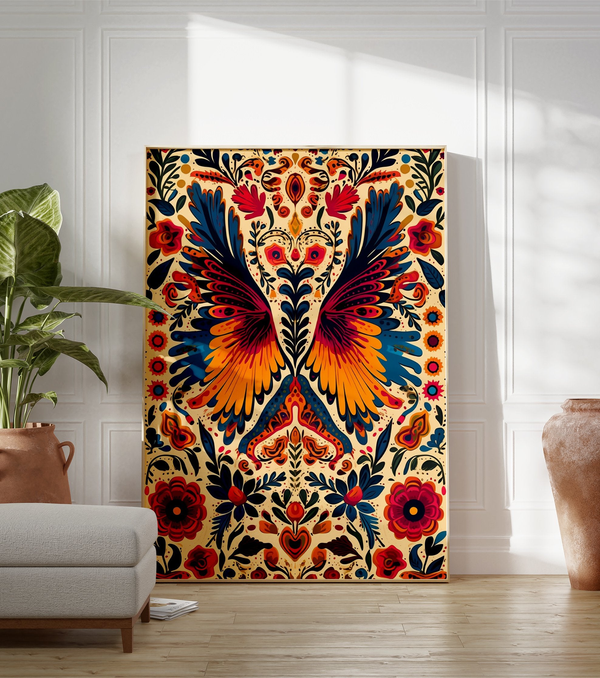 Vibrant Folk Art Poster with symmetrical design featuring stylized bird wings, flowers, and heart shapes in blue, orange, and red. - Image 3