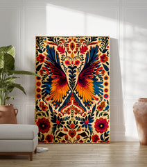 Vibrant Folk Art Poster with symmetrical design featuring stylized bird wings, flowers, and heart shapes in blue, orange, and red. - Image 3