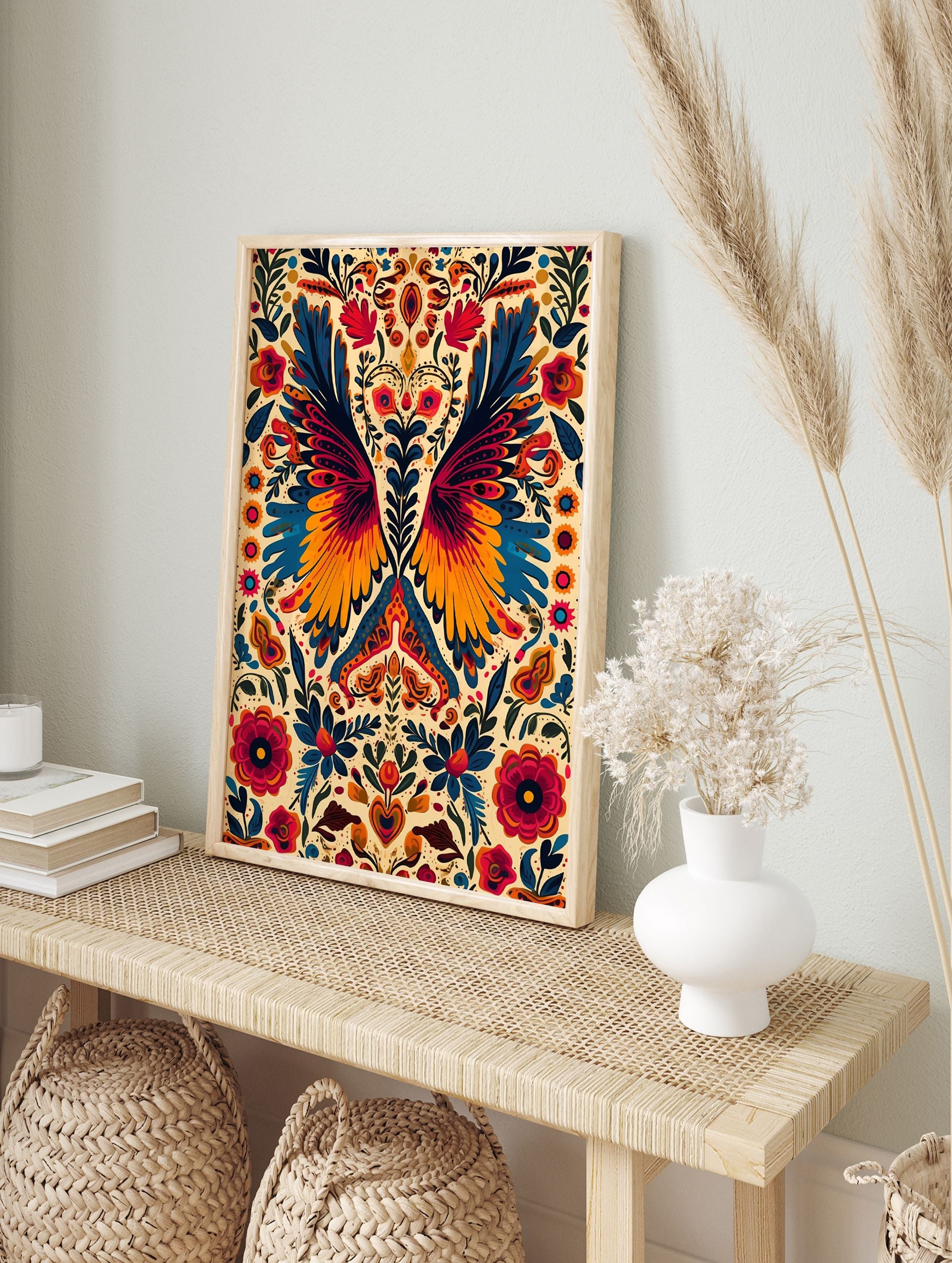 Vibrant Folk Art Poster with symmetrical design featuring stylized bird wings, flowers, and heart shapes in blue, orange, and red. - Image 4